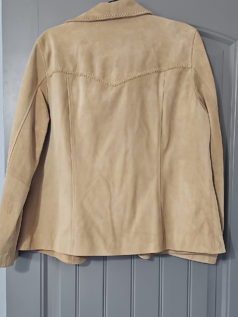 Women’s Suede Jacket in Beige - Braided Trim Button Front (A) - Picture 6 of 9